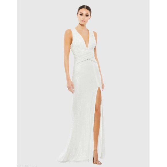 Mac Duggal Size 4 White 26598 V-Neck Sequin Wrap Waist Maxi Gown Wedding Bridal - Picture 1 of 12